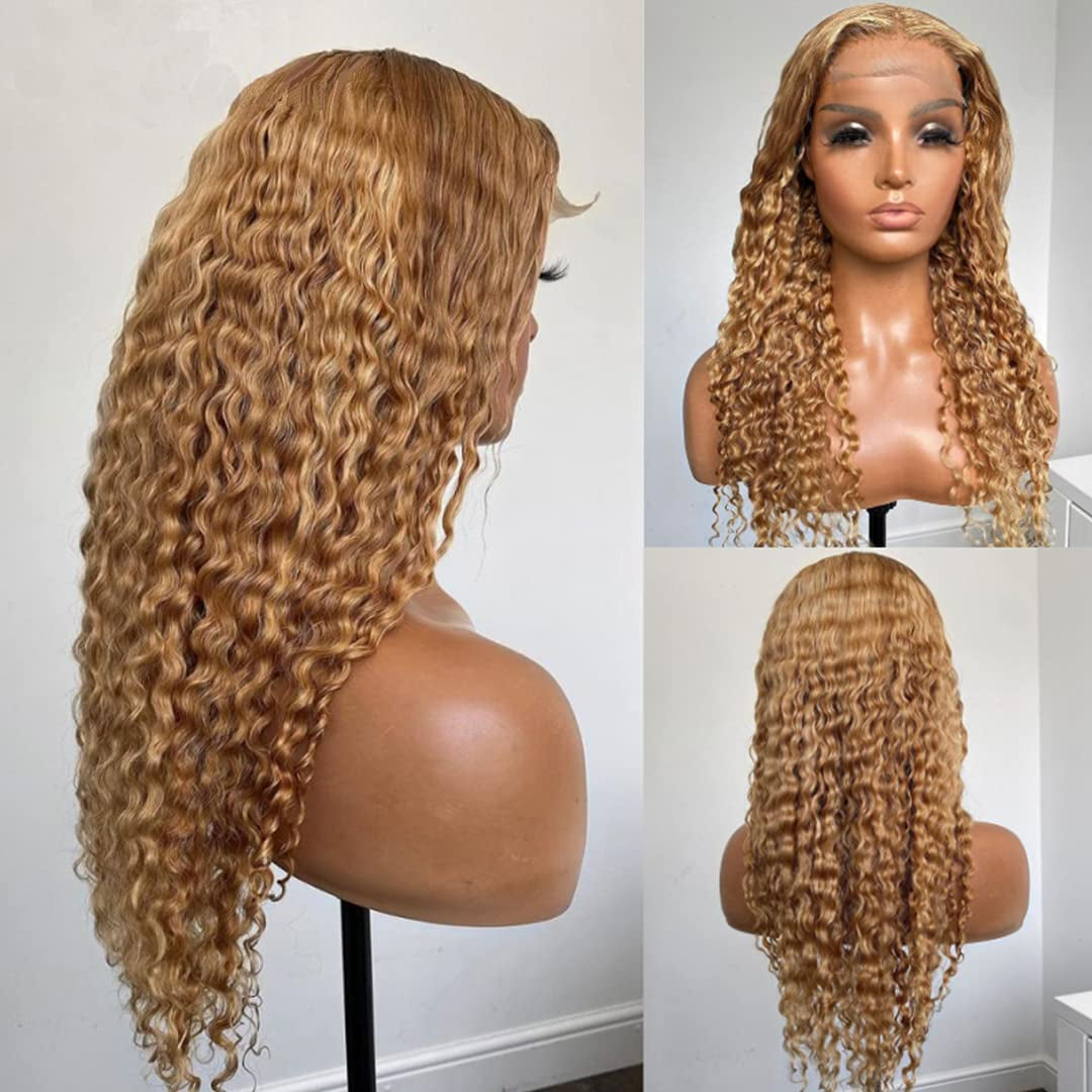 Blonde Curly Lace Front Wigs Human Hair, 13X4 Deep Wave Lace Frontal Wigs Pre Plucked with Baby Hair Glueless Brazilian #27 Colored Wigs for Black Women 24 Inch 150% Density