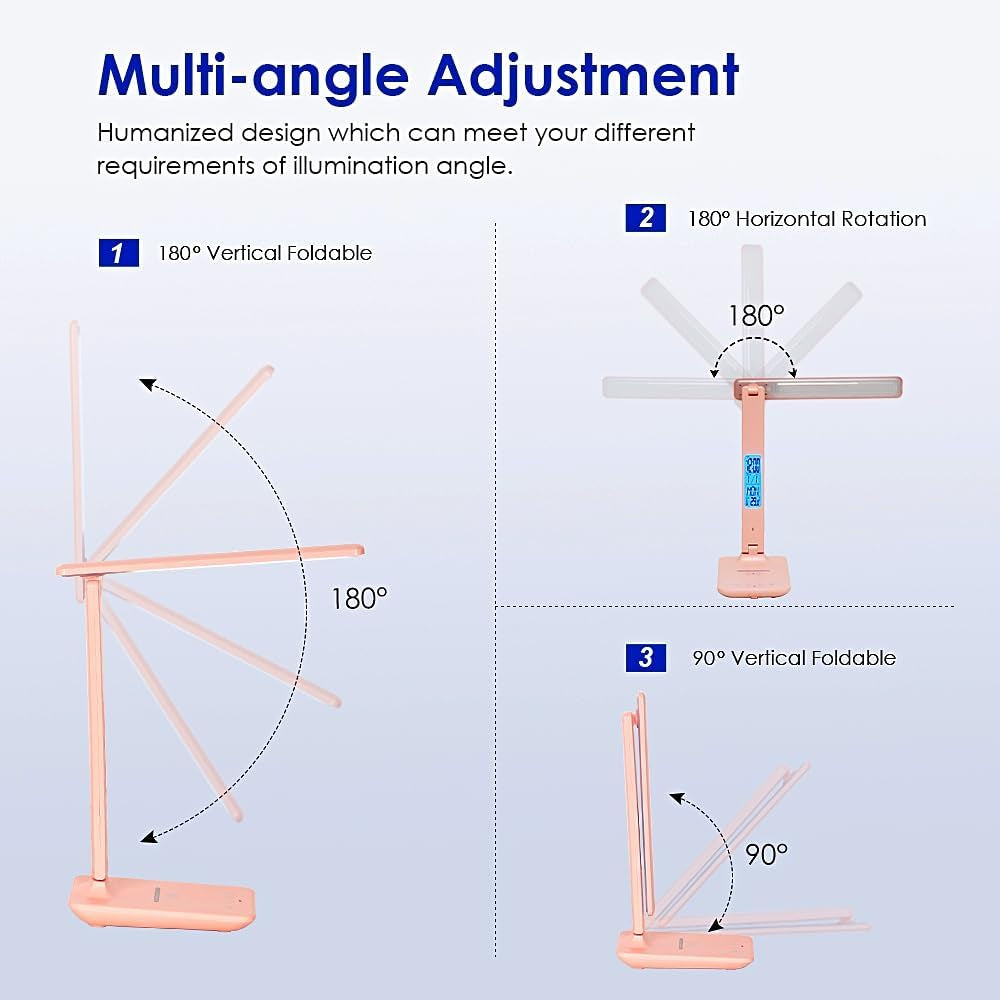 Multifunctional LED Desk Lamp with Wireless Charger,Usb Charging Port,Clock,Phone Holder,Desk Lamps for Home Office,Eye-Caring Reading Lamp,Study Lamp for Boys,Girls,Teens,Pink