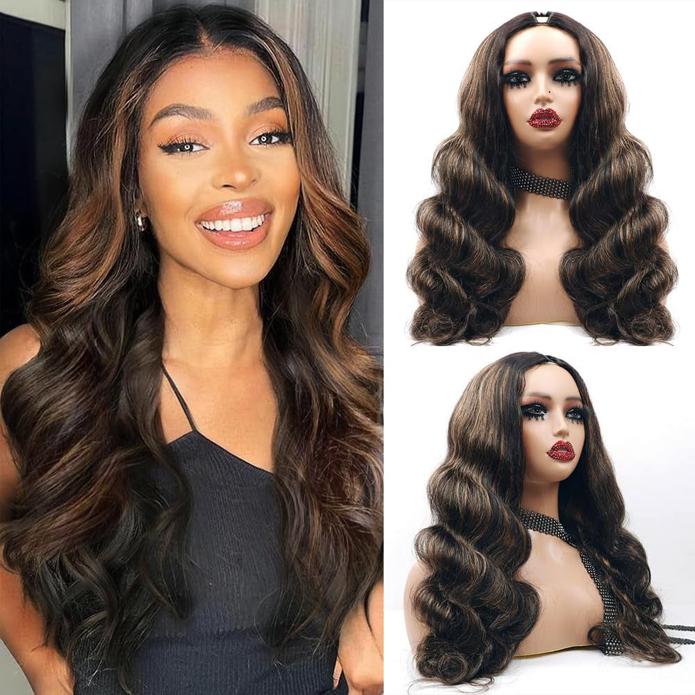 26Inch Body Wave V Part Wig Human Hair #FB30 Ombre Brown Upgrade U Part Human Hair Wigs for Black Women No Sew in 180% Density