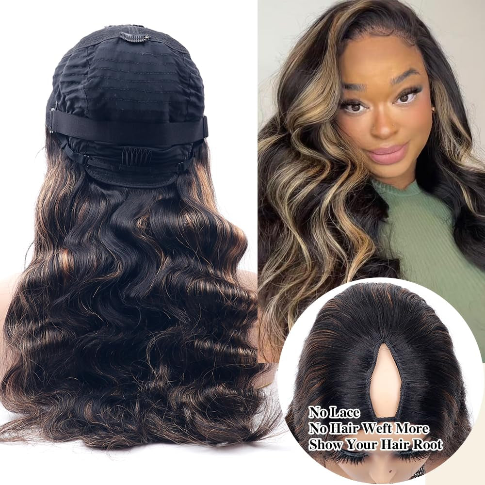 26Inch Body Wave V Part Wig Human Hair #FB30 Ombre Brown Upgrade U Part Human Hair Wigs for Black Women No Sew in 180% Density