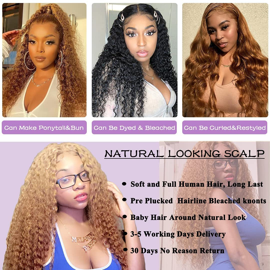 Blonde Curly Lace Front Wigs Human Hair, 13X4 Deep Wave Lace Frontal Wigs Pre Plucked with Baby Hair Glueless Brazilian #27 Colored Wigs for Black Women 24 Inch 150% Density
