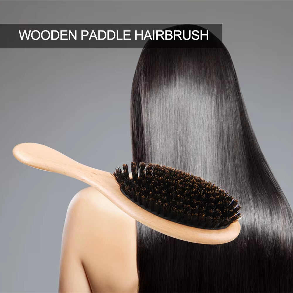 New Women Natural Boar Bristle Hair Brush Wooden Paddle Hairbrush Detangling Hairbrush for Salon Hairdressing Styling Tools