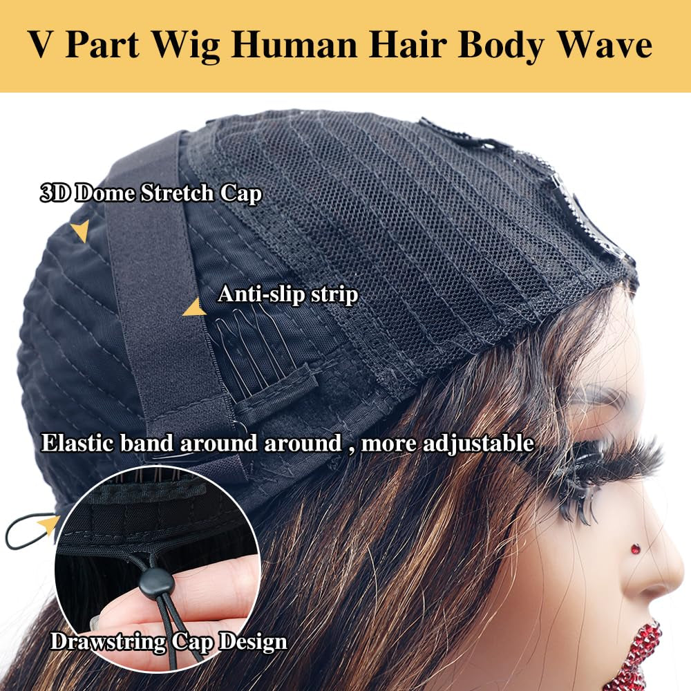 26Inch Body Wave V Part Wig Human Hair #FB30 Ombre Brown Upgrade U Part Human Hair Wigs for Black Women No Sew in 180% Density