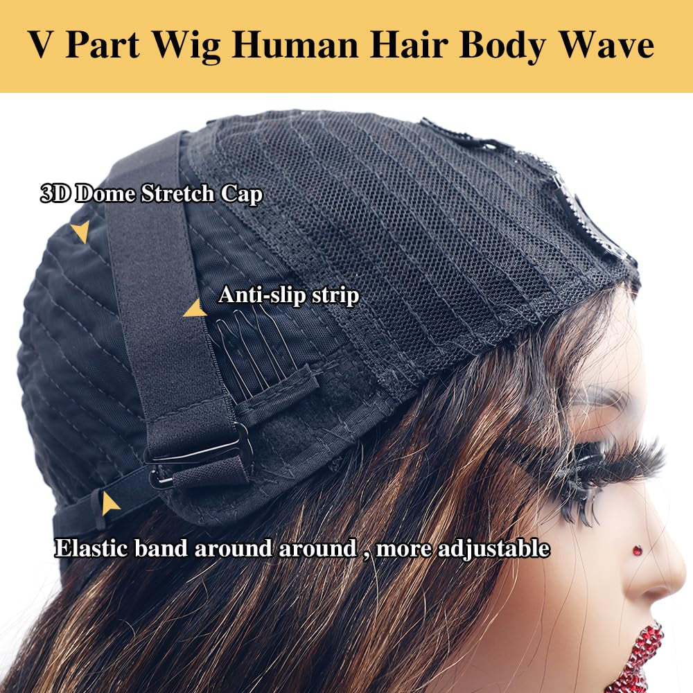 26Inch Body Wave V Part Wig Human Hair #FB30 Ombre Brown Upgrade U Part Human Hair Wigs for Black Women No Sew in 180% Density