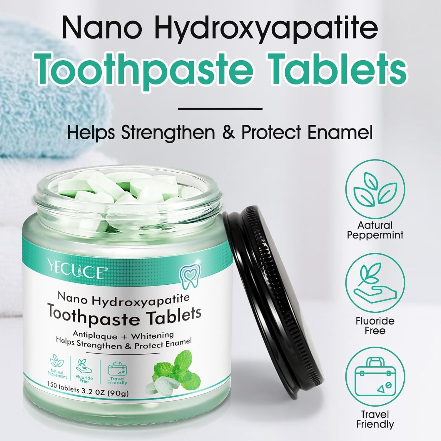 150 Tablets Chewable Toothpaste Tablets, Sensitive Toothpaste Tablets Peppermint Flavored Strengthen Teeth, Flouride & Plastic Free, Nano Hydroxyapatite, Clean Effectively