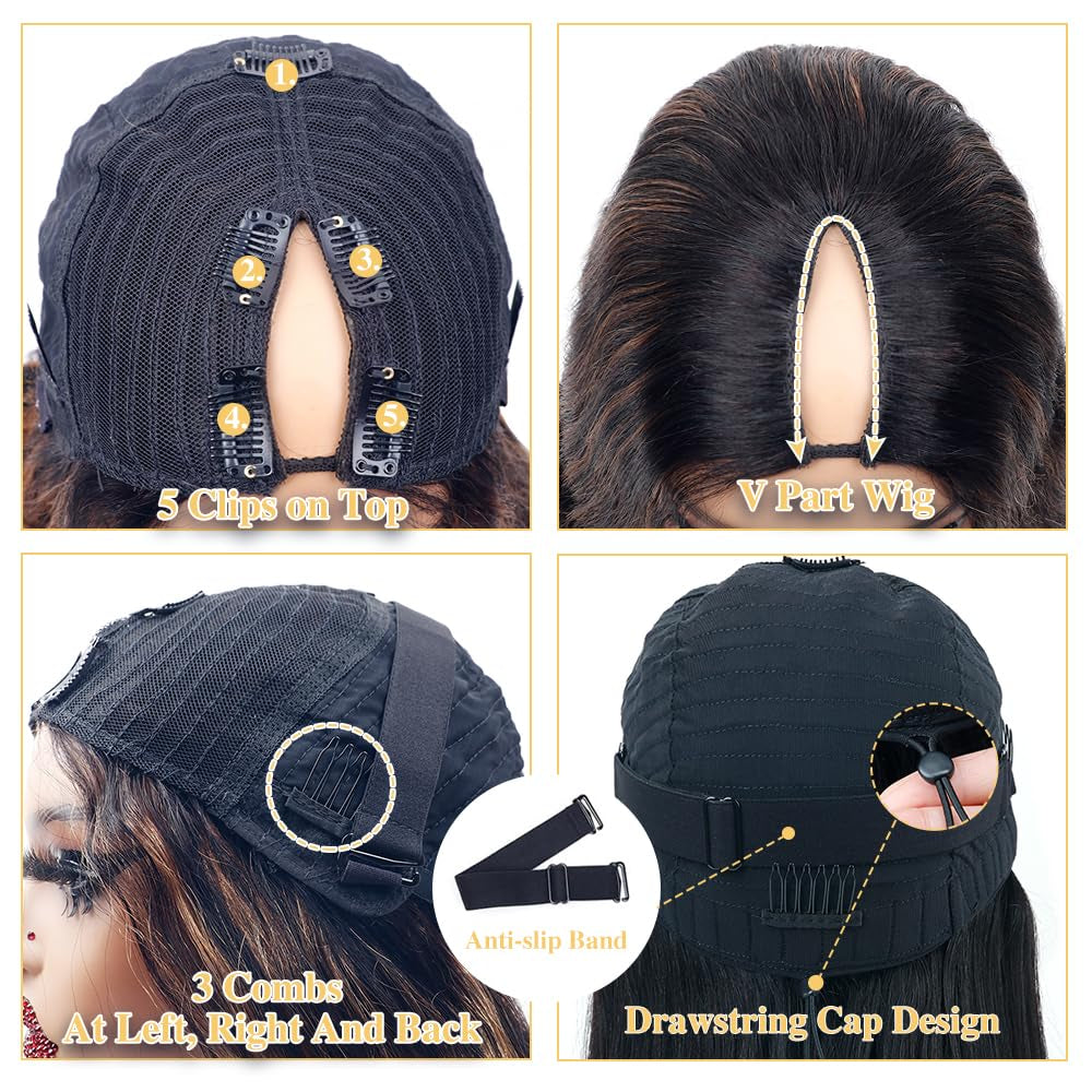 26Inch Body Wave V Part Wig Human Hair #FB30 Ombre Brown Upgrade U Part Human Hair Wigs for Black Women No Sew in 180% Density