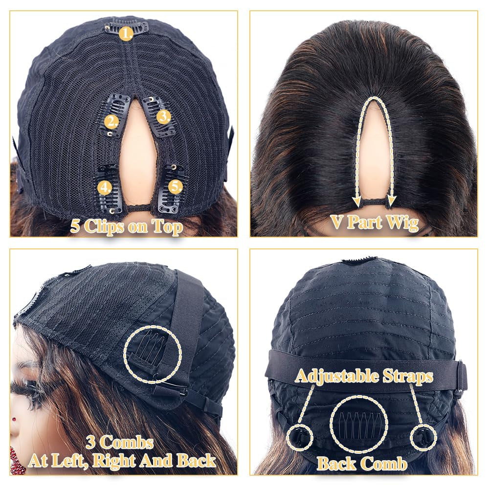 26Inch Body Wave V Part Wig Human Hair #FB30 Ombre Brown Upgrade U Part Human Hair Wigs for Black Women No Sew in 180% Density