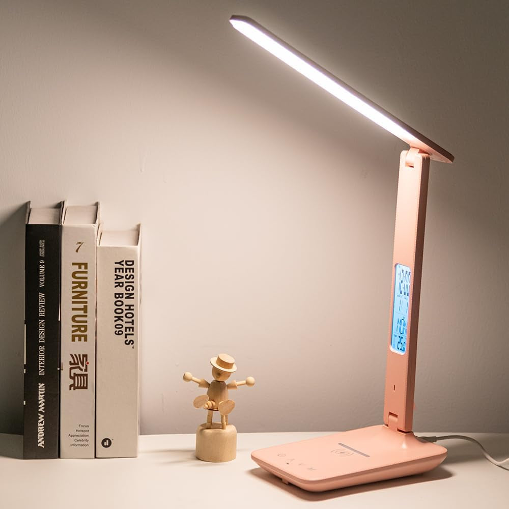 Multifunctional LED Desk Lamp with Wireless Charger,Usb Charging Port,Clock,Phone Holder,Desk Lamps for Home Office,Eye-Caring Reading Lamp,Study Lamp for Boys,Girls,Teens,Pink