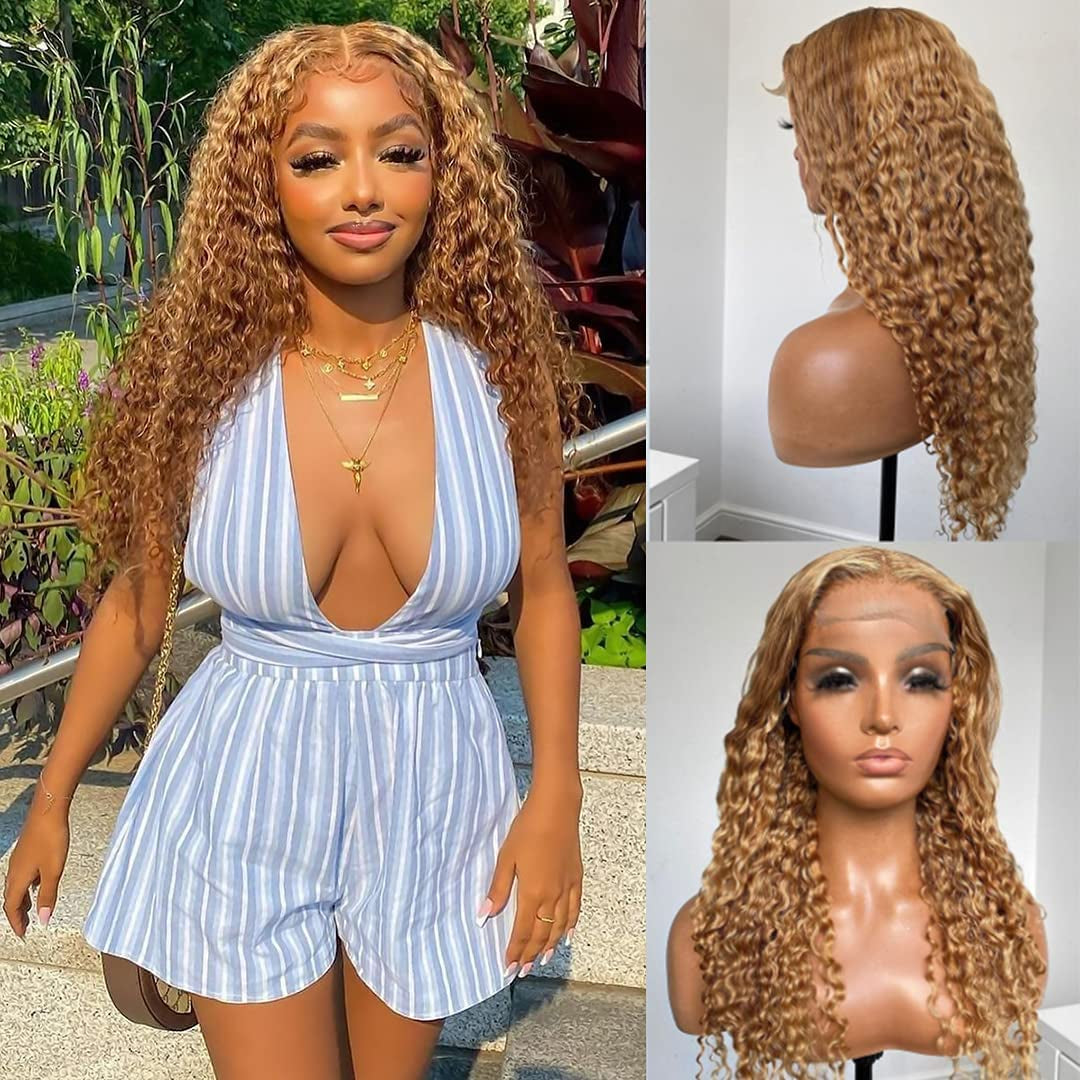 Blonde Curly Lace Front Wigs Human Hair, 13X4 Deep Wave Lace Frontal Wigs Pre Plucked with Baby Hair Glueless Brazilian #27 Colored Wigs for Black Women 24 Inch 150% Density