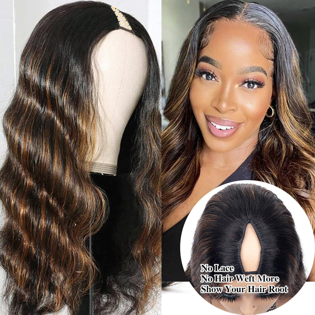 26Inch Body Wave V Part Wig Human Hair #FB30 Ombre Brown Upgrade U Part Human Hair Wigs for Black Women No Sew in 180% Density