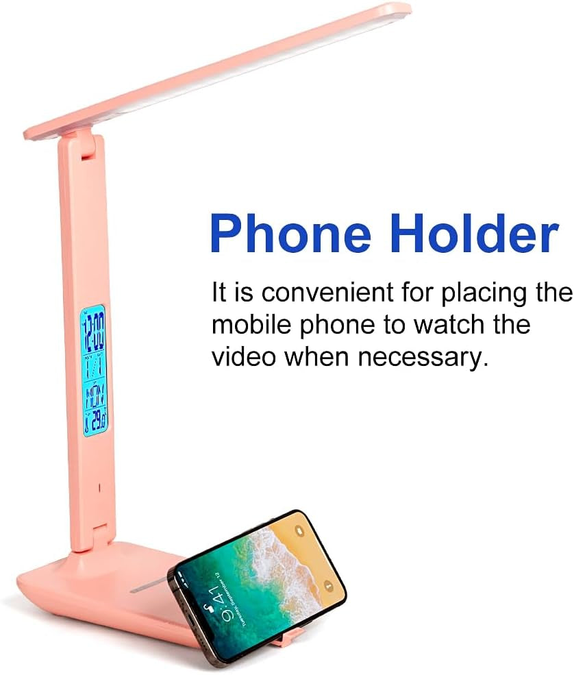 Multifunctional LED Desk Lamp with Wireless Charger,Usb Charging Port,Clock,Phone Holder,Desk Lamps for Home Office,Eye-Caring Reading Lamp,Study Lamp for Boys,Girls,Teens,Pink
