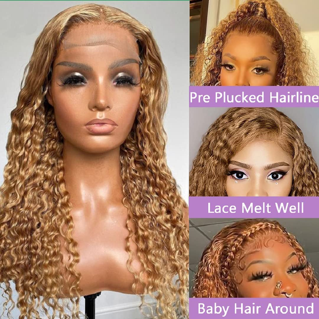 Blonde Curly Lace Front Wigs Human Hair, 13X4 Deep Wave Lace Frontal Wigs Pre Plucked with Baby Hair Glueless Brazilian #27 Colored Wigs for Black Women 24 Inch 150% Density